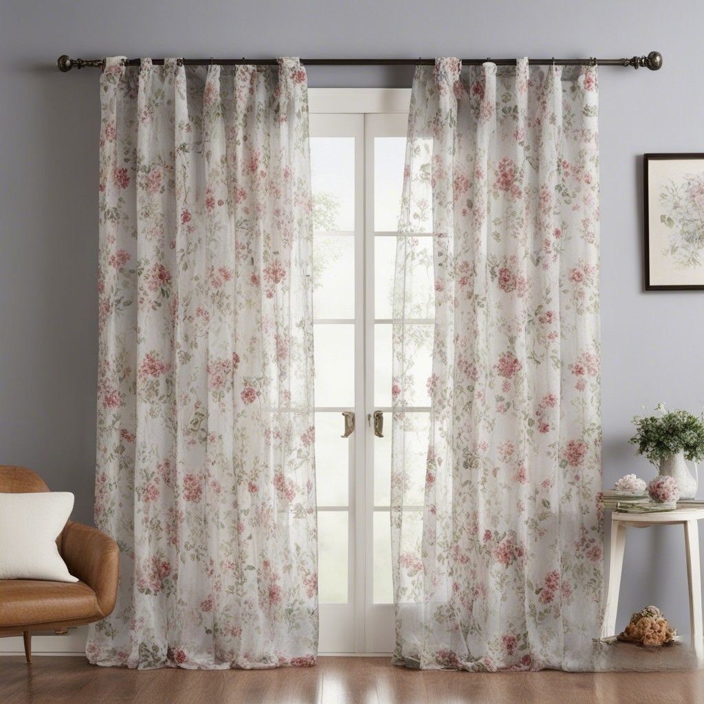 Windows adorned with floral curtains for a timeless appeal.