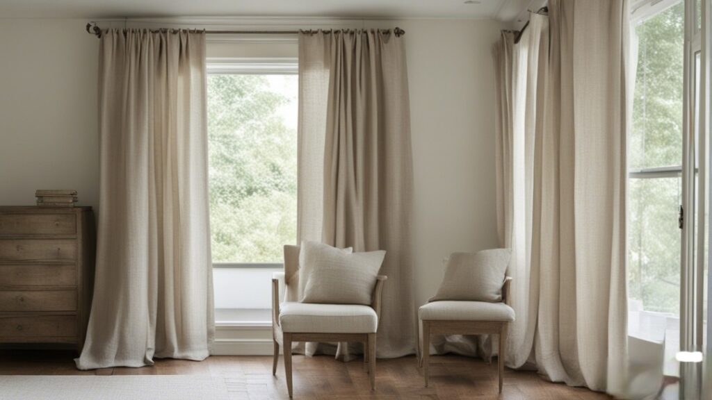 A pair of elegant white linen curtains gently billowing in a sunlit room, adding a touch of timeless sophistication to the decor.
