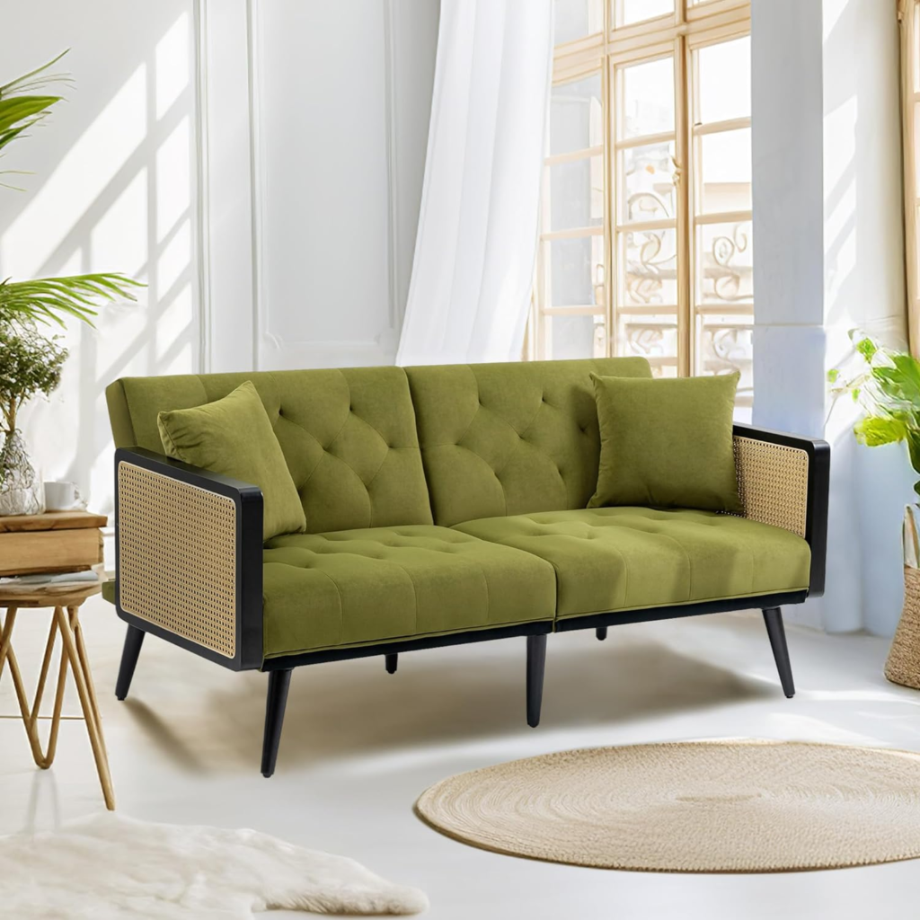 A comfortable and chic Sage Green Velvet Couch
