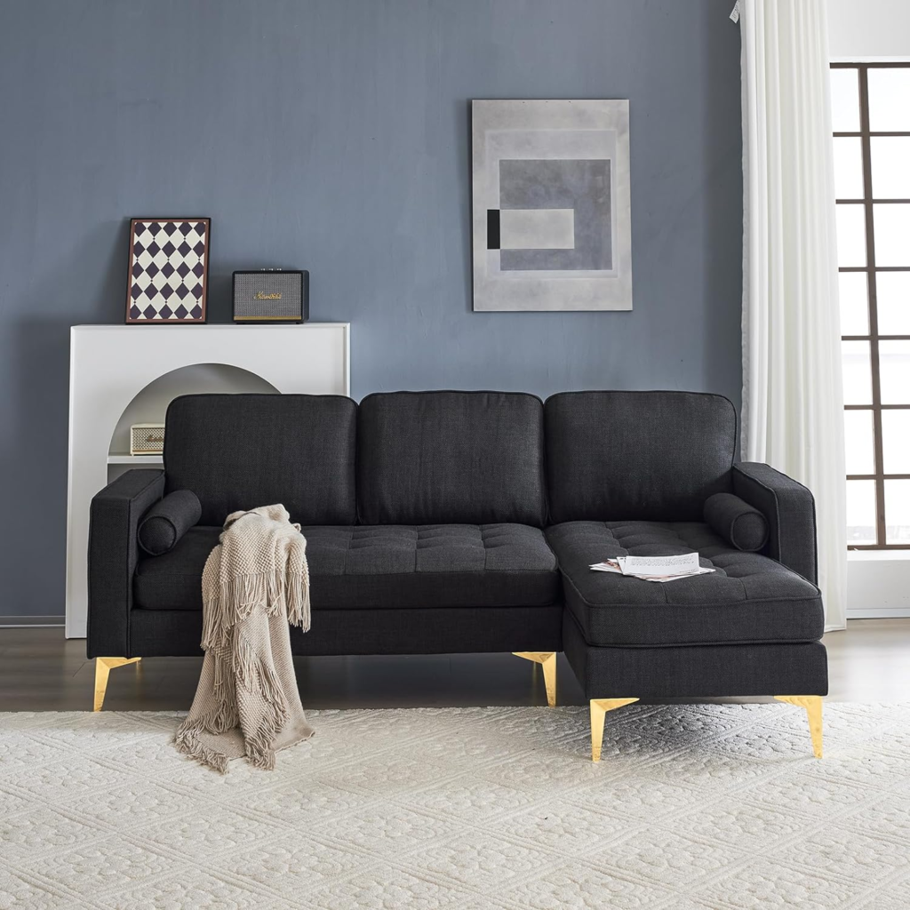 Timeless black upholstery on a comfortable couch.
