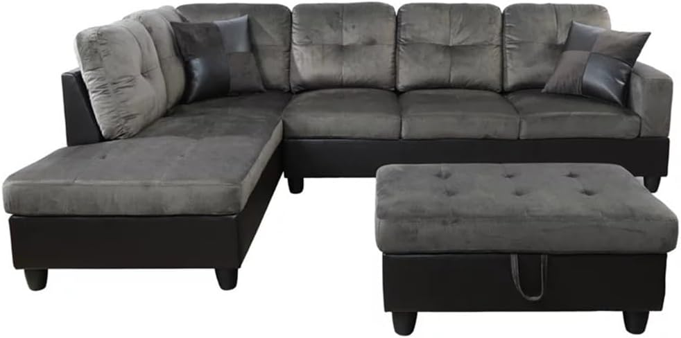 A spacious L-shaped  couch leather in a cozy living room.
