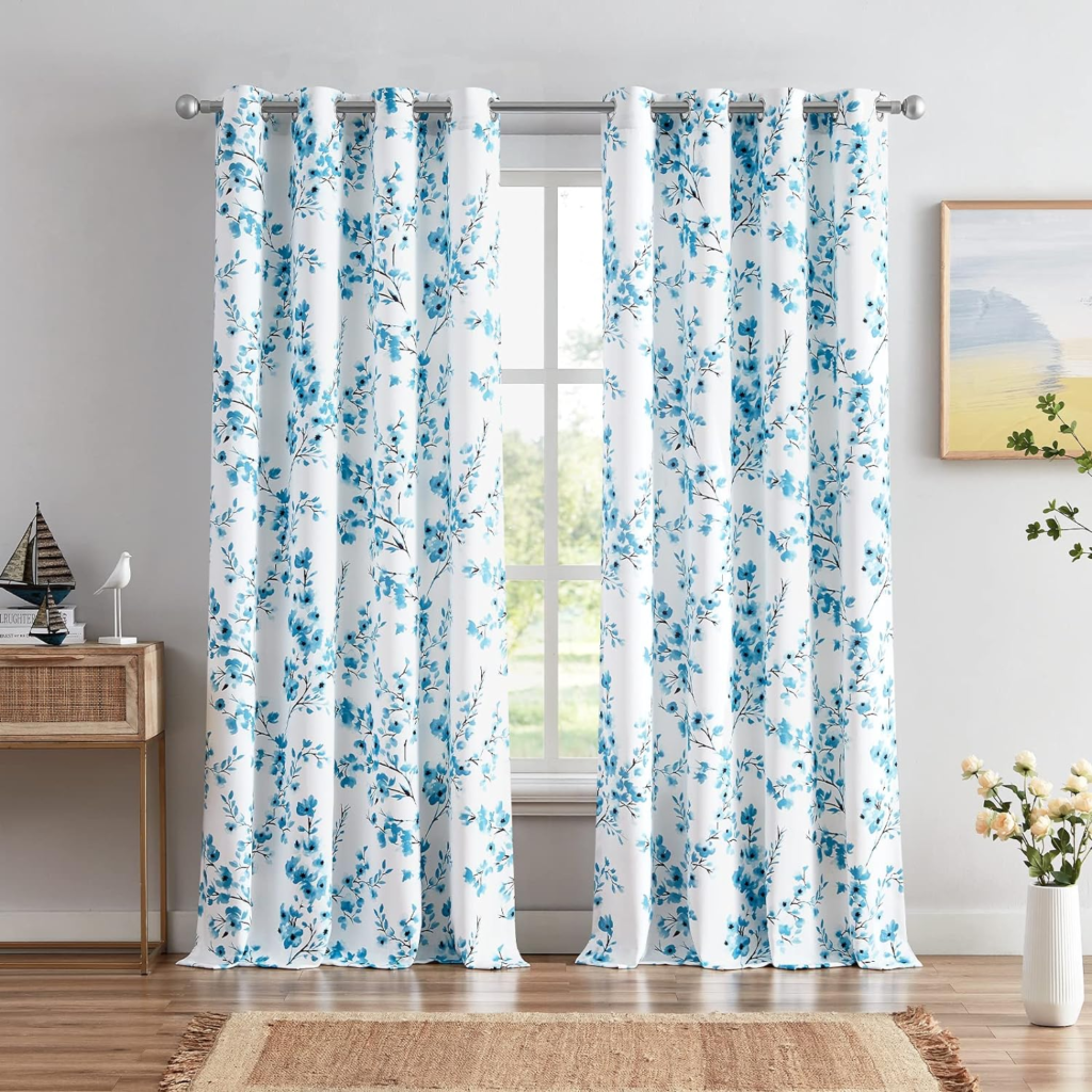 white and blue floral curtains