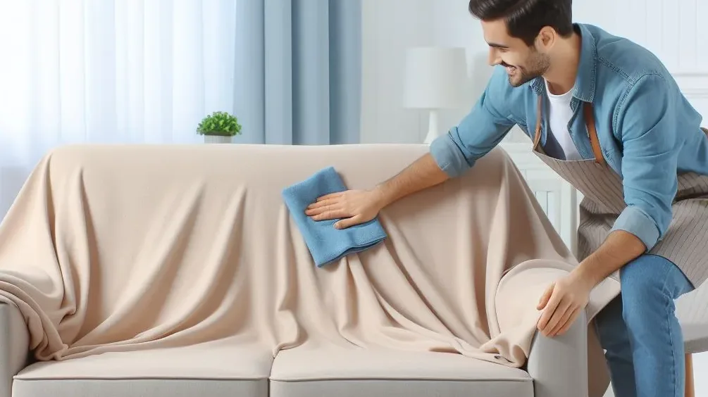 A person washing a sofa cover with cold water to prevent shrinking.