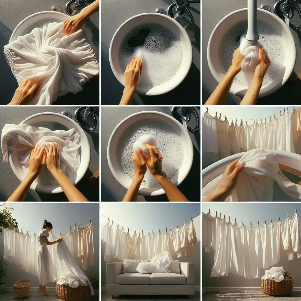 A person following steps to wash a sofa cover without causing it to shrink.
