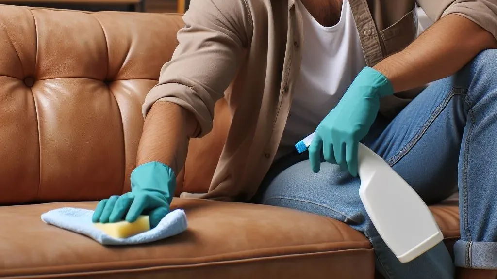 A person applying a protective spray to a pleather couch with the caption 'How to Clean Pleather Couch
