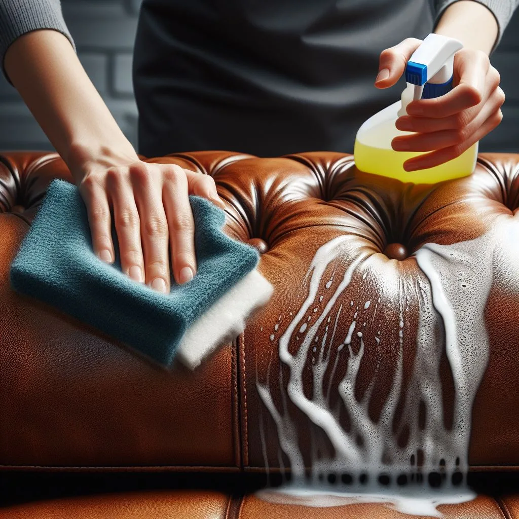 A bottle of mild soap and a soft brush next to a pleather couch with the text 'How to Clean Pleather Couch'