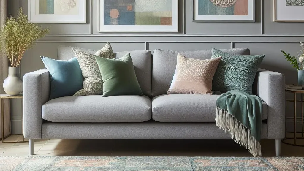 A modern living room with a grey sofa complemented by neutral-colored pillows and a vibrant rug.