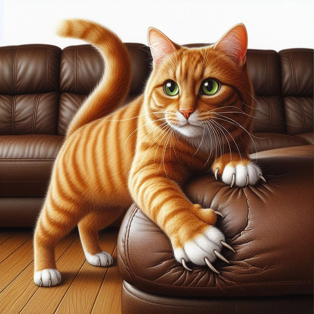 A cat playing with a toy instead of scratching a couch with the text 'Can cats be trained not to scratch couch.