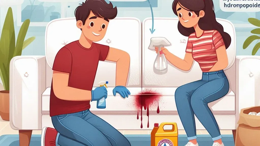 A person using a cloth to blot a blood stain on a couch, demonstrating how to get blood out of a couch.