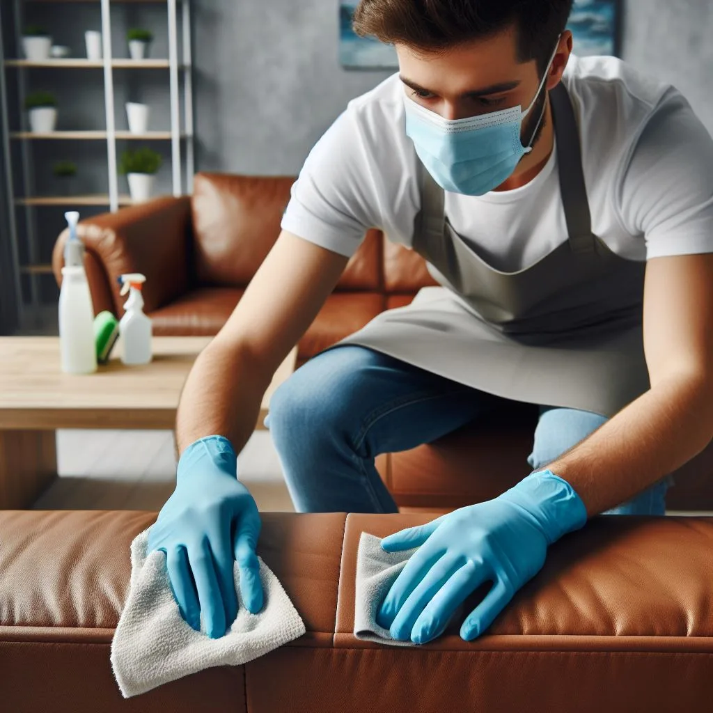 how to deep clean a couch without a machine, Person gently scrubbing a couch fabric with a cleaning solution.